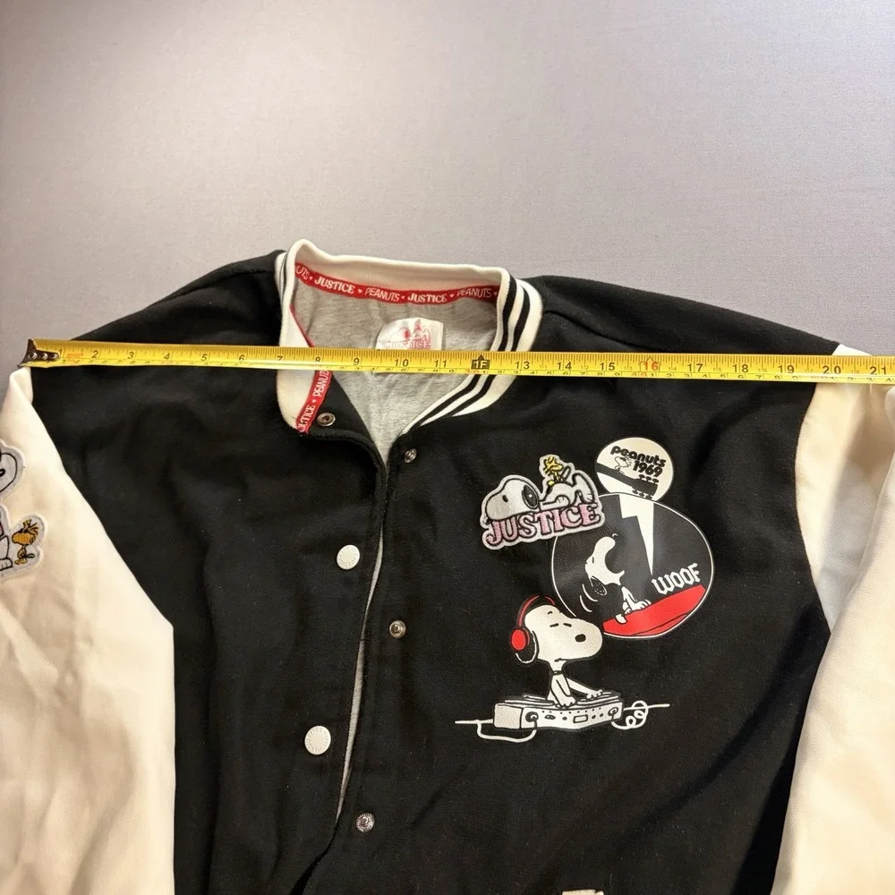 Justice Peanuts Snoopy Varsity Jacket Girls XL 16/18 Black White Abbey Road